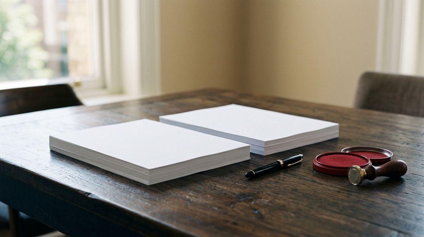 Two stacks of paper, a pen and a company seal with an ink pad on a meeting table