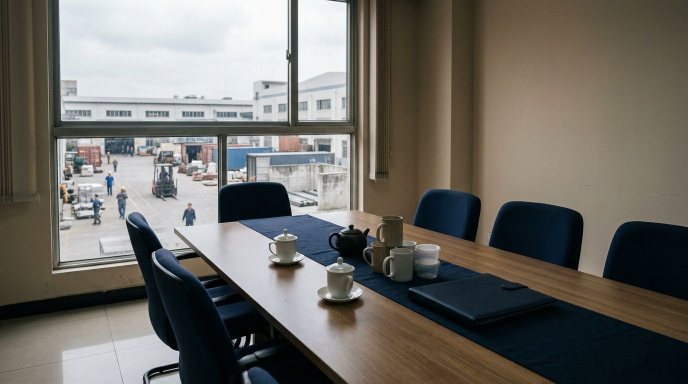 A meeting room in a factory office overlooking the factory yard