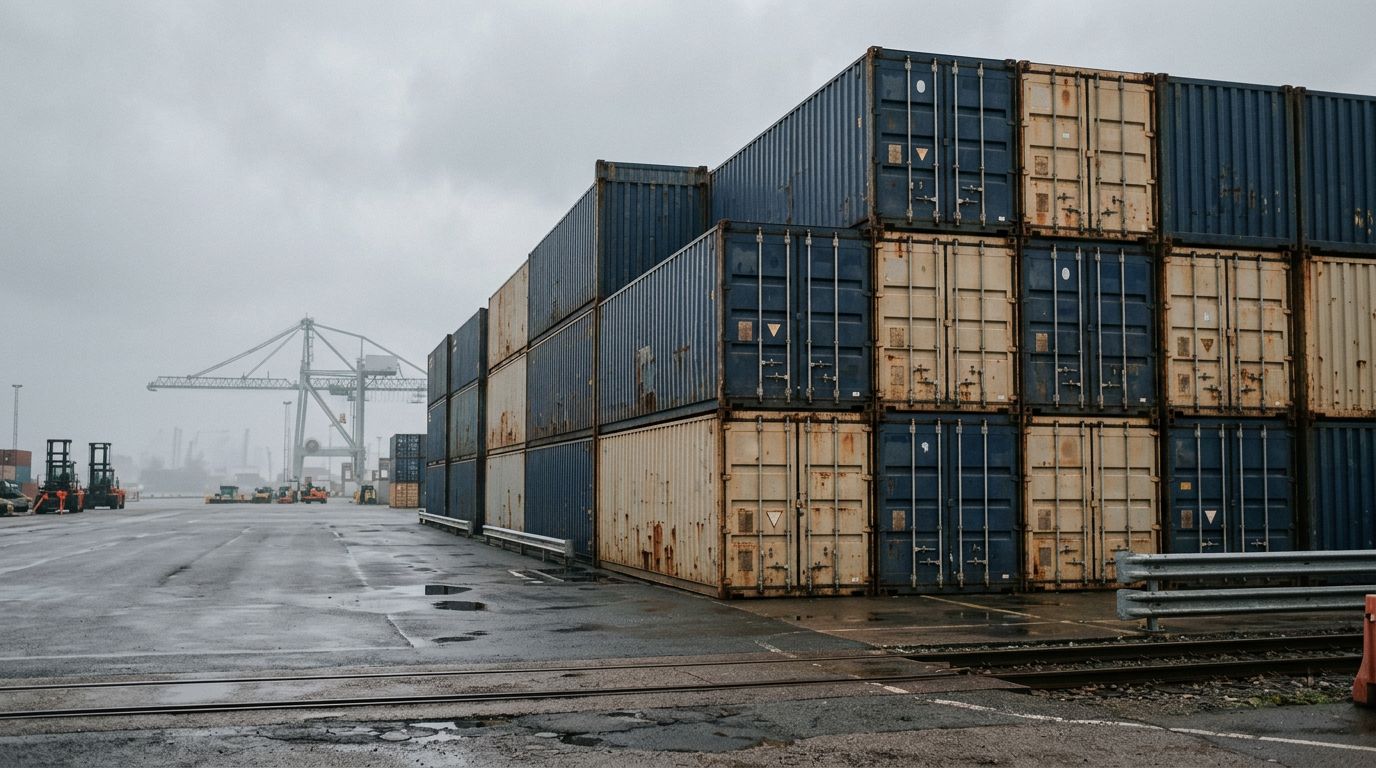 Stacked shipping containers and gantry cranes at a container terminal on an overcast day