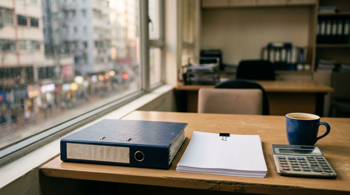 A binder, papers and a calculator on an office desk by the window