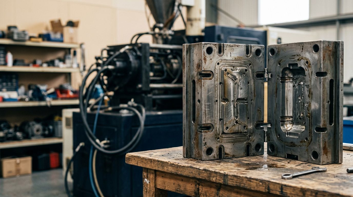 An open injection mold on a workbench in front of an injection molding machine