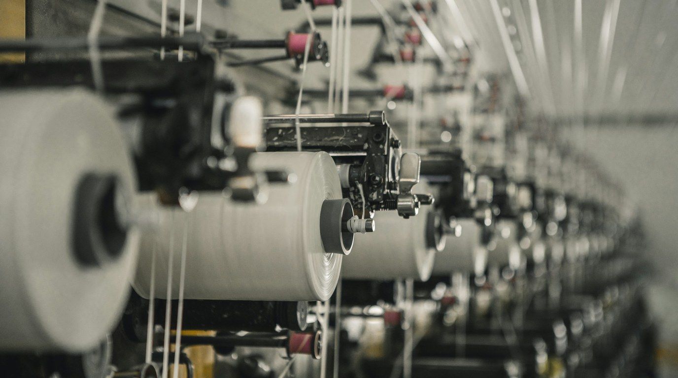 Rows of yarn spools on machines in a factory workshop
