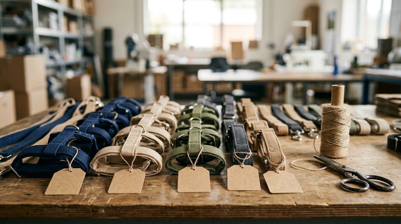 Unbranded pet harnesses with blank hang tags on a packing table