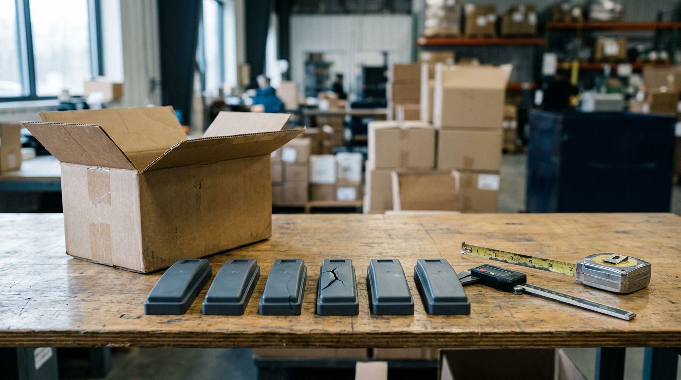 A row of plastic parts on an inspection table, one of them cracked