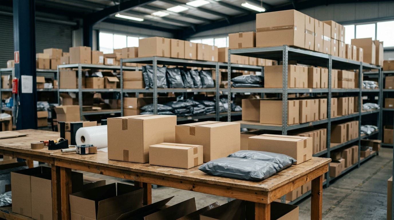Shelves of parcels in an e-commerce fulfilment warehouse