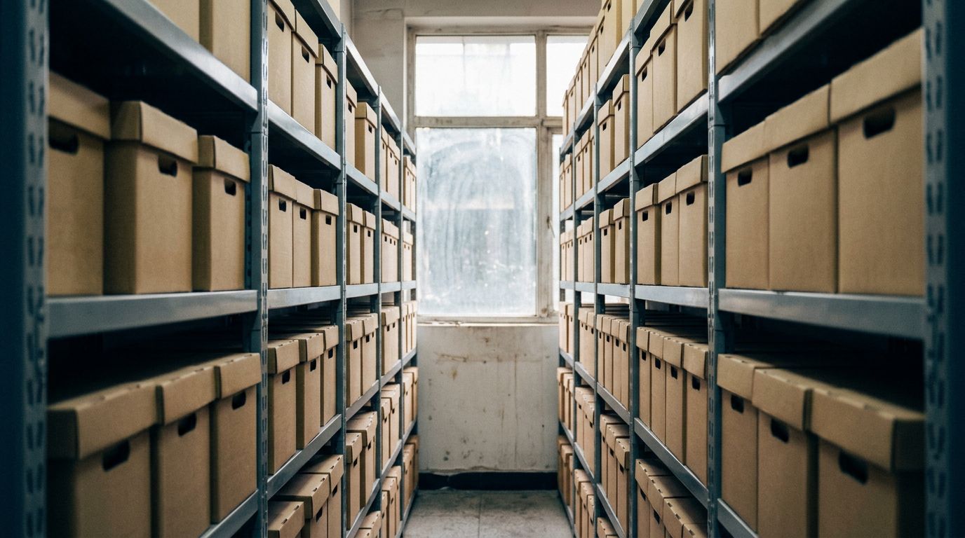 Rows of file boxes in a records archive