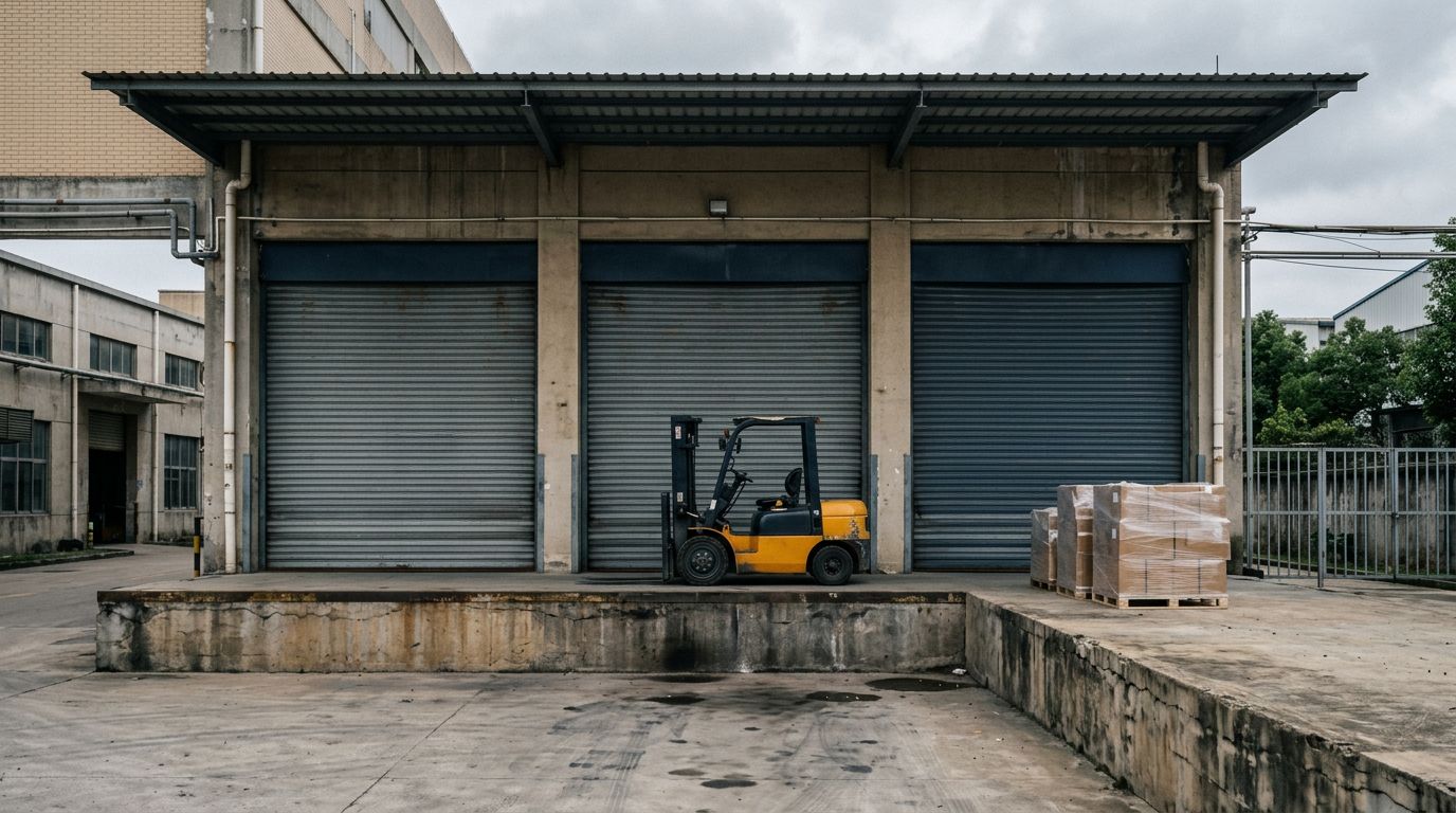 Closed roller shutter doors at a factory loading dock