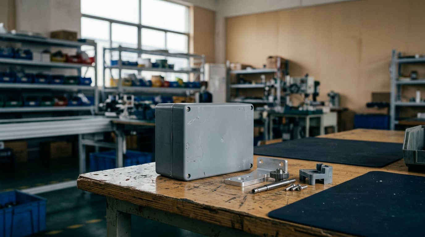 An unbranded product prototype and machined parts on a workbench in an assembly workshop