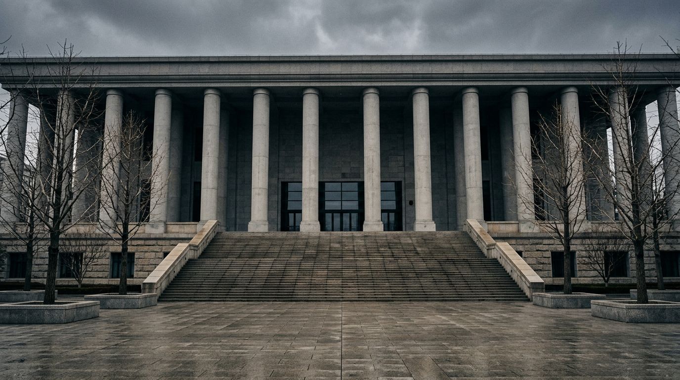 The steps and columns of a court building on an overcast day