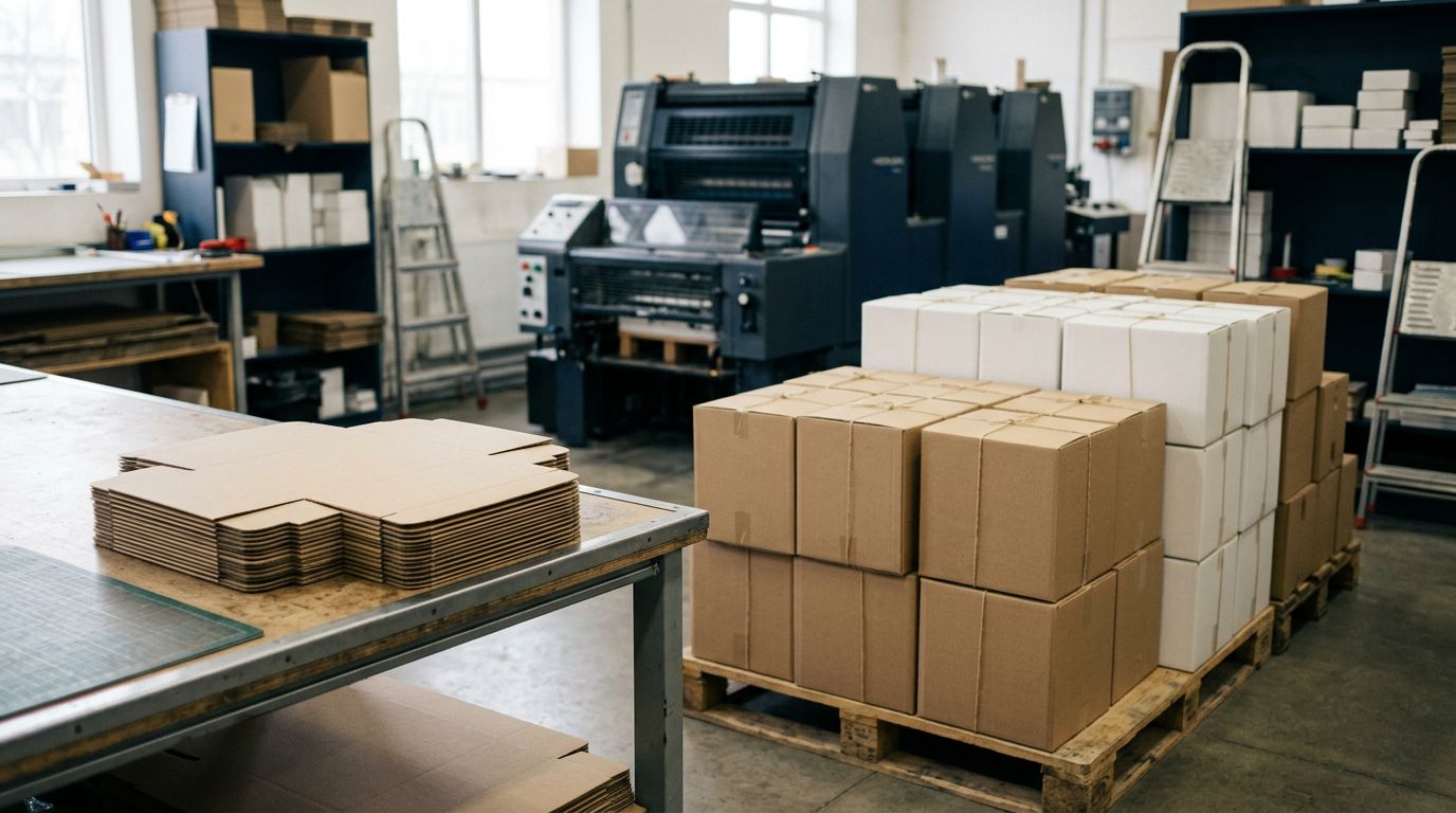 Stacks of blank packaging boxes in a packaging print shop